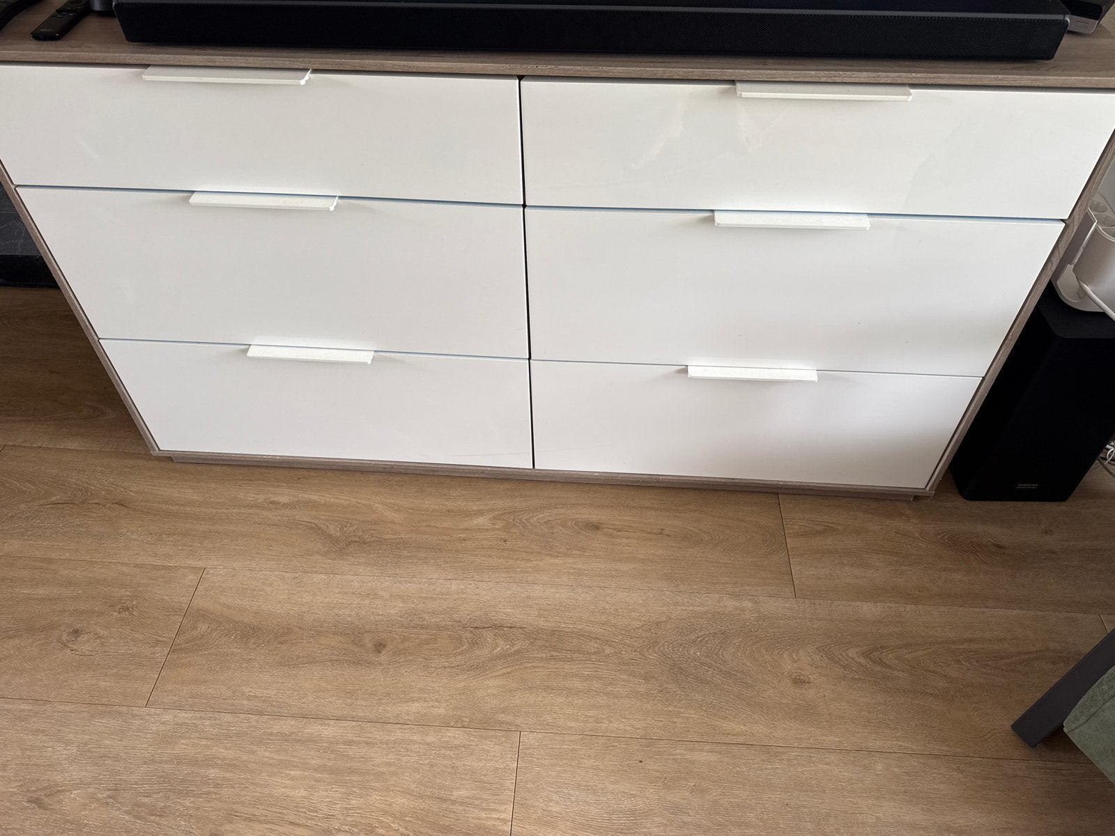 Moderne ladekast met 6 laden inclusief spiegel- Wit en houtk, Ophalen, Gebruikt, 100 tot 150 cm, 5 laden of meer