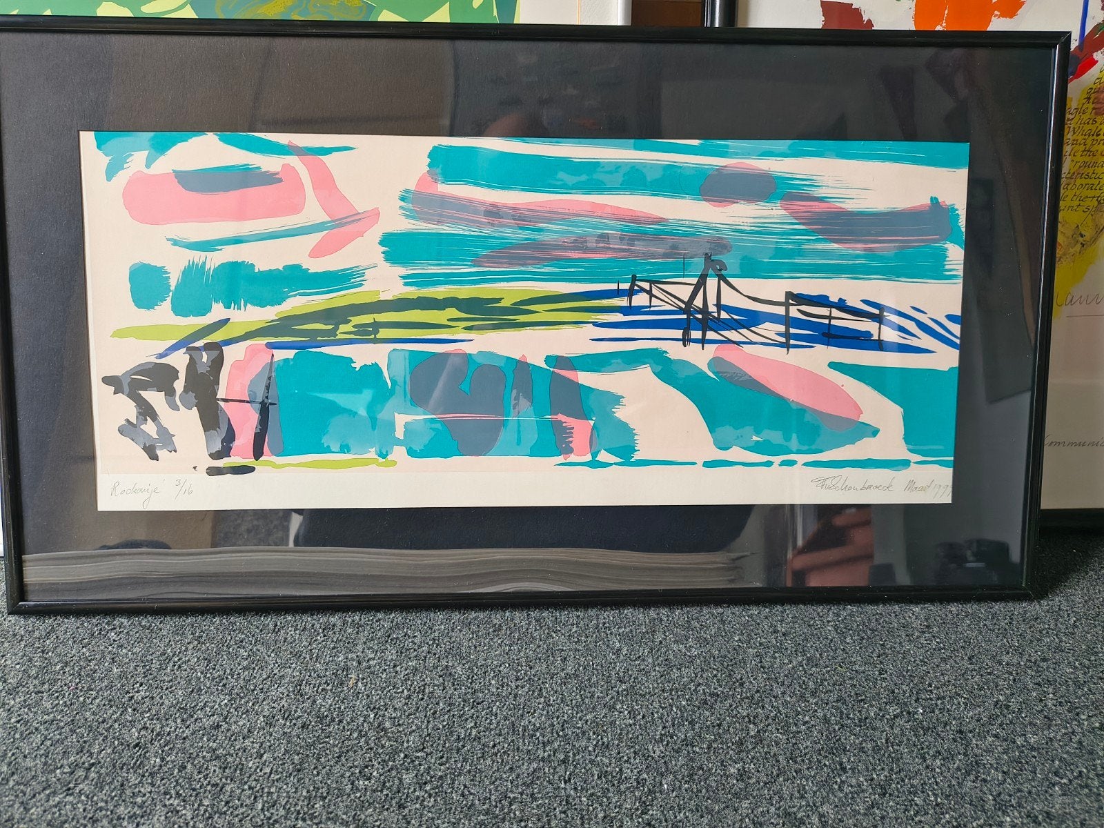 Abstracte Zeefdruk 'Rockanje' 3/16 gesigneerd en ingelijst, 1950 - 1999, Genummerd, Ophalen of Verzenden, Landschap