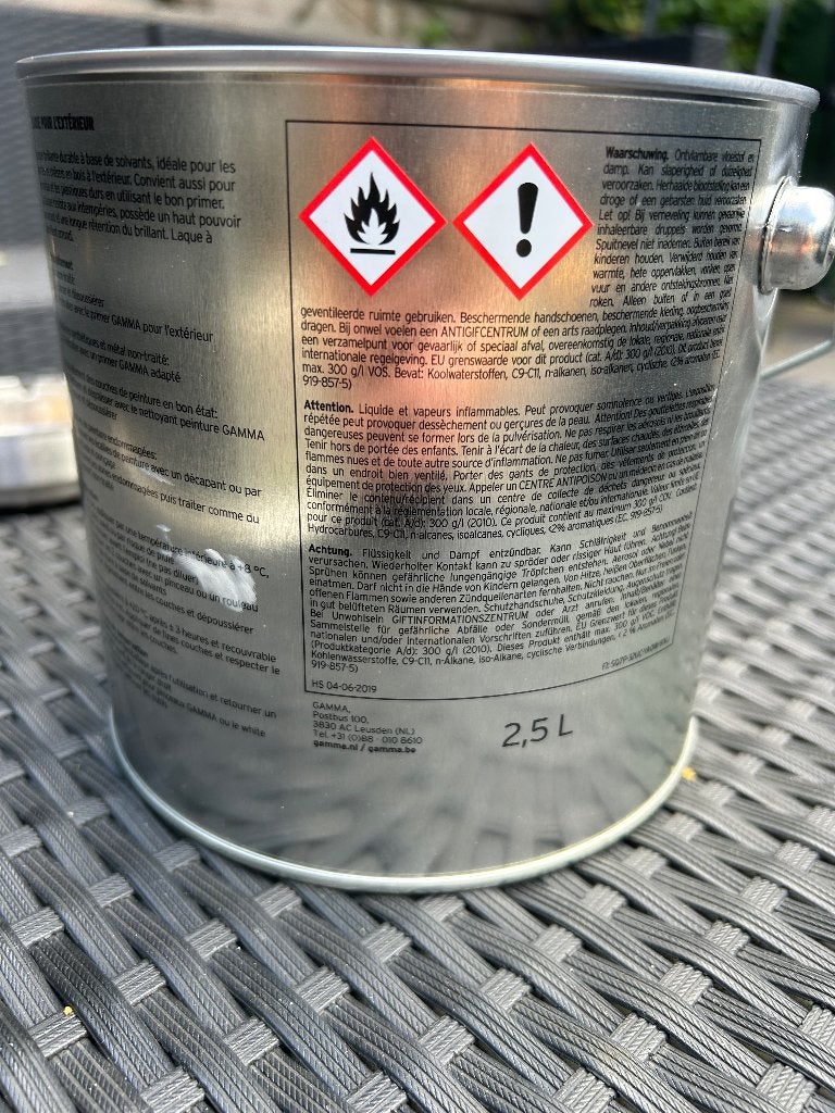 Verf lichtgrijs buitenlak Gamma 2,5 liter, Nieuw, Ophalen of Verzenden, Lak, Grijs