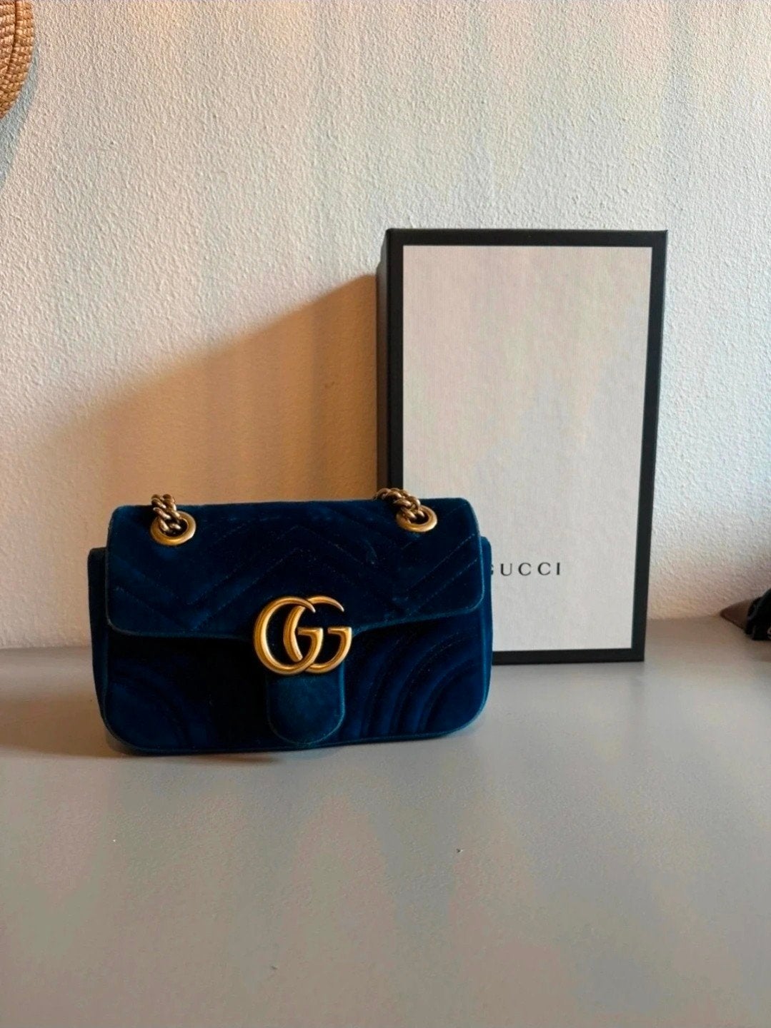 gucci GG marmont velvet blauw, Sieraden, Tassen en Uiterlijk, Ophalen, Gebruikt, Blauw, Schoudertasje