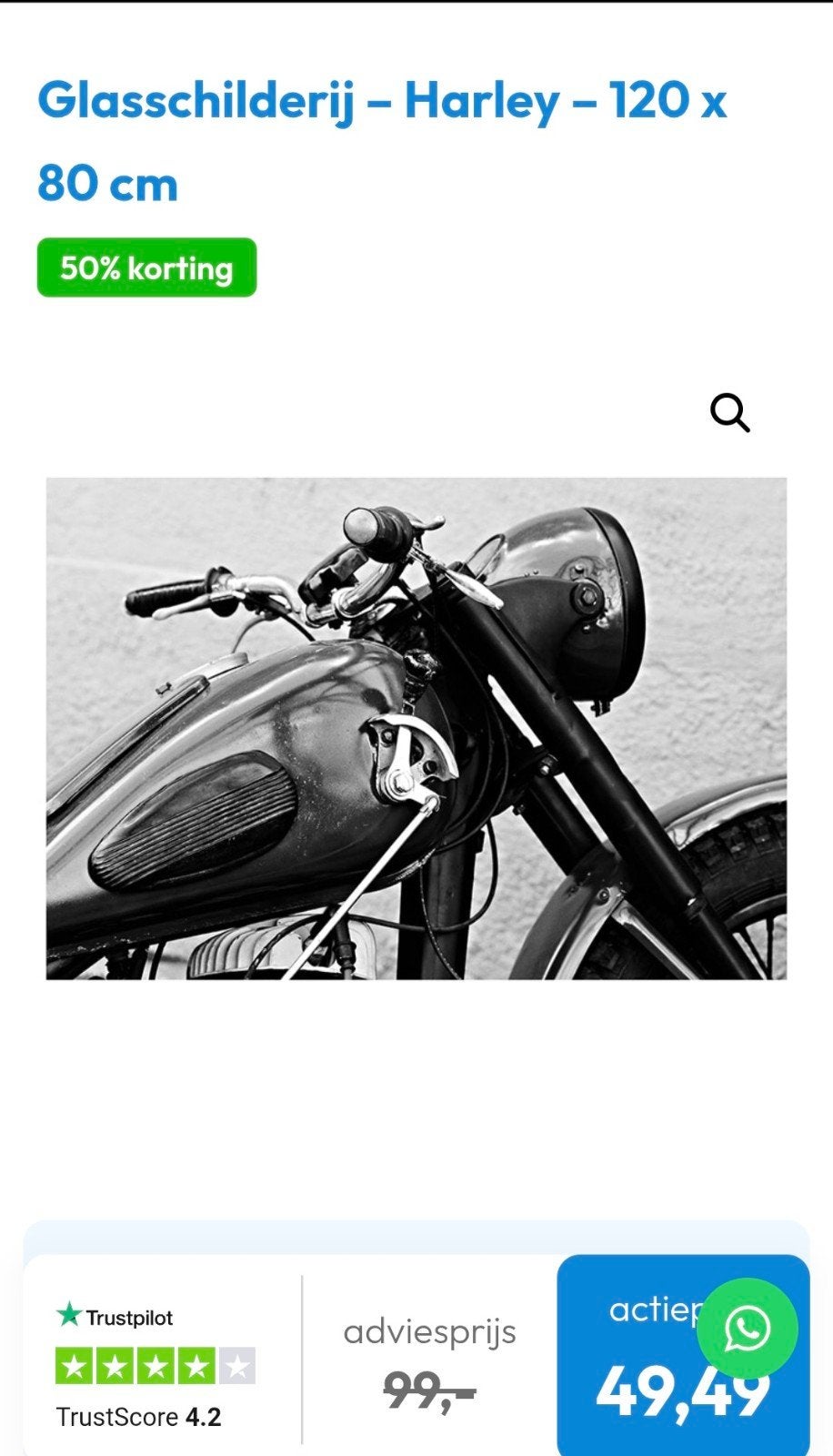 Glasschilderij Harley Davidson Zwart-Wit 120x80 cm, Ophalen, Onbekend@example.com, Nieuw, Schilderij
