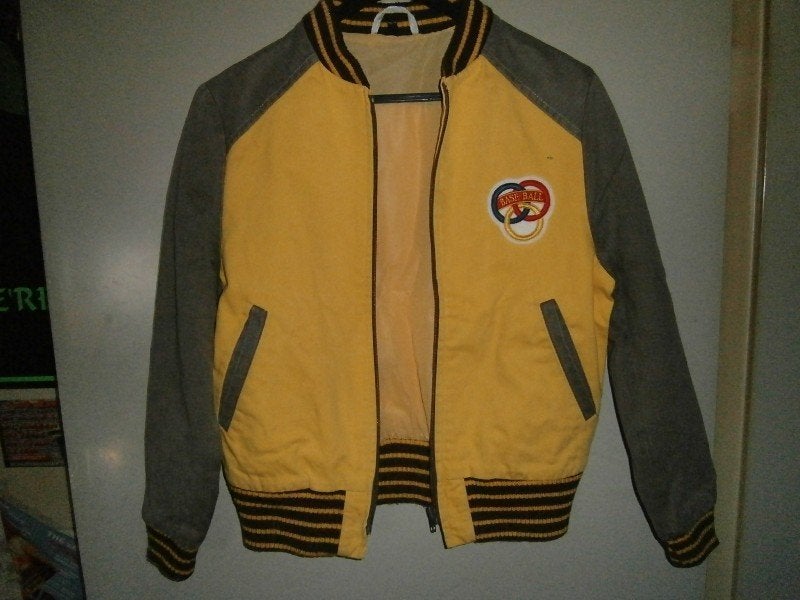 70s vintage Base Ball jack Peek & Cloppenburg 164 geel bruin, Ophalen, Geel, Peek & Cloppenburg, Gedragen