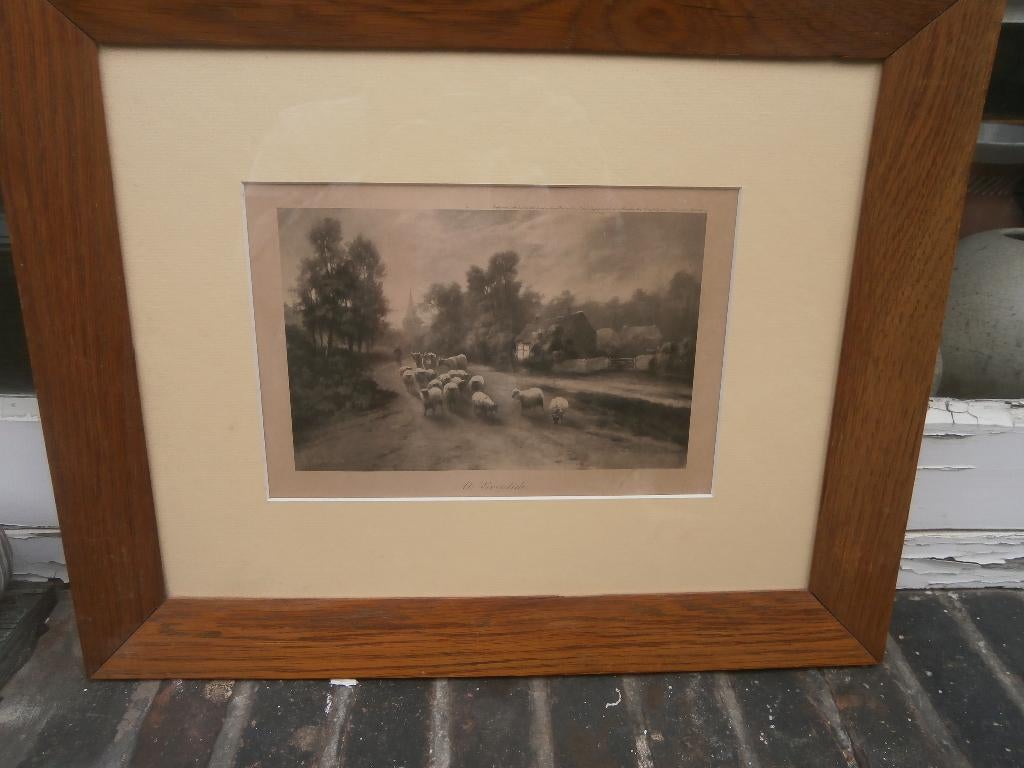 Mooie Eng. Grav. Schapen naar de Stal, in Eiken lijst, Antiek en Kunst, Kunst | Etsen en Gravures, Ophalen, Landschap, Gravure