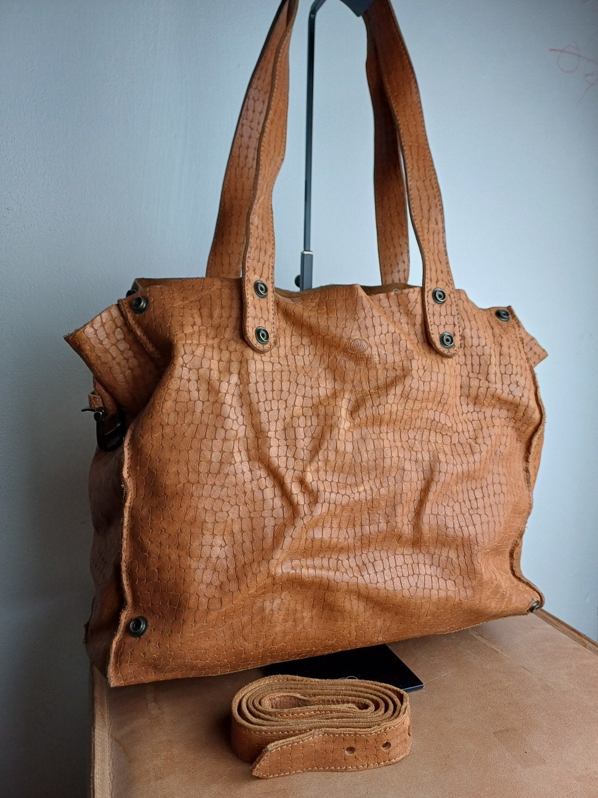 Shopper met binnentas cognac crocoprint Shabbies, Ophalen of Verzenden, Bruin, 30 cm of meer