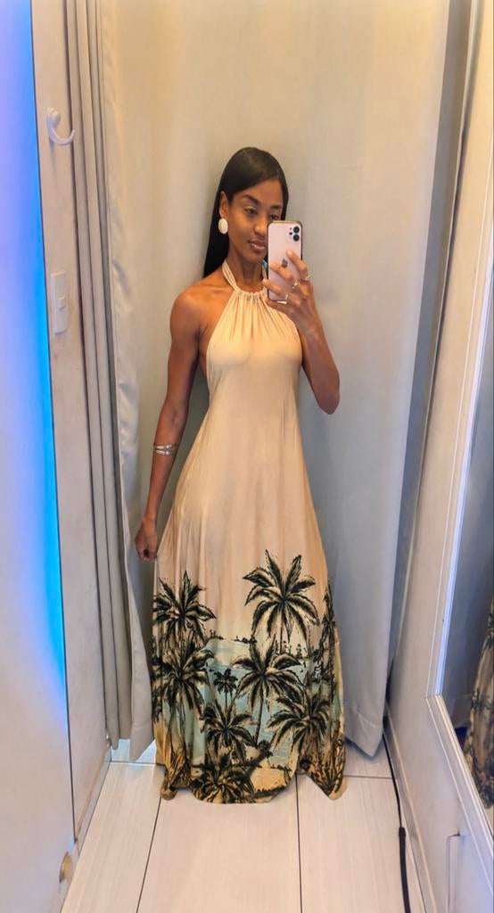 Nieuwe Braziliaanse jurk met palmboomprint, Maat 38/40 (M), Galajurk, Beige, Nieuw