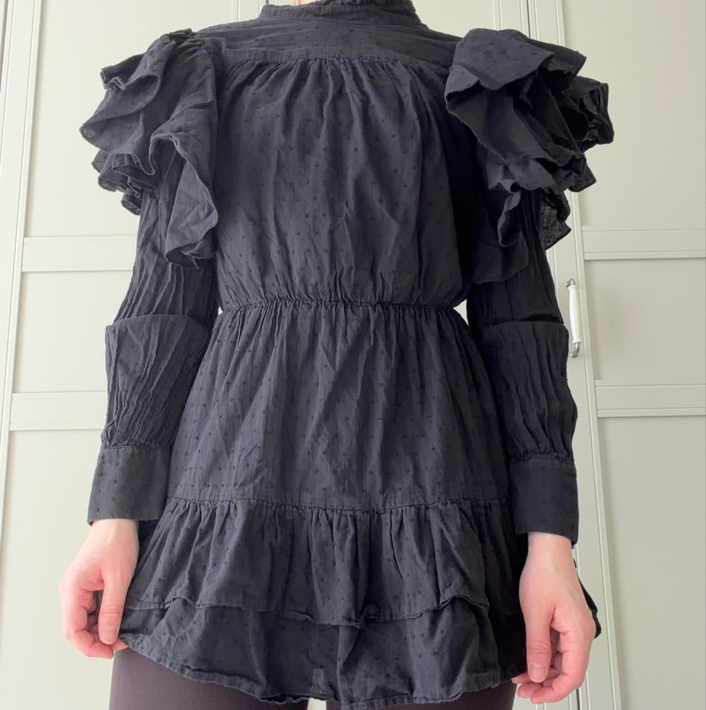 Zwarte Loavies minijurk/blouse met ruches, Zwart, Ophalen of Verzenden, Maat 34 (XS) of kleiner, Gedragen