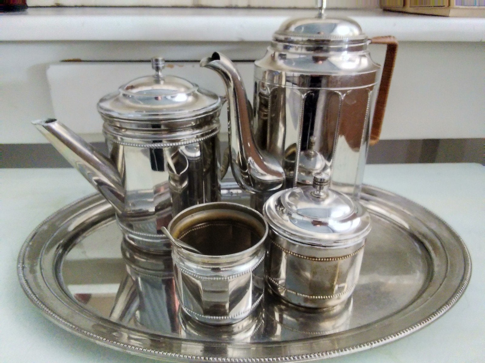 Vintage koffie/thee servies op dienblad, Antiek en Kunst, Ophalen of Verzenden, Zilver