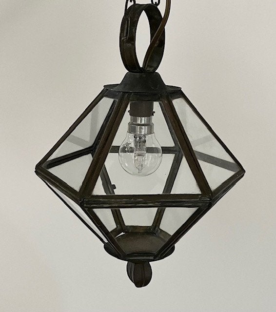 Vintage Franse koperen hal lamp met helder glas, Ophalen of Verzenden, Zo goed als nieuw, Glas, B22 (Bajonetsluiting)
