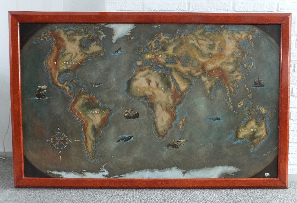 Wereldkaart - ingelijst olieverfschilderij op hout, Antiek en Kunst, Kunst | Schilderijen | Klassiek, Ophalen, Bijzondere lijst