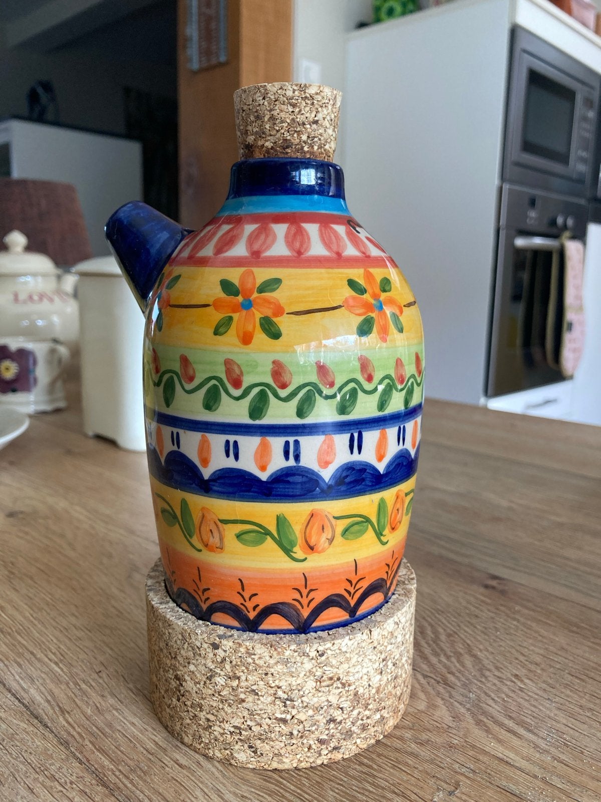Kleurrijke keramische oliekruik met kurk, Ophalen of Verzenden