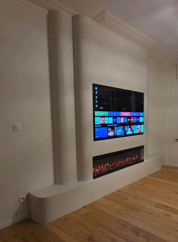 Moderne Cinewall met geïntegreerde sfeerhaard, Overige materialen, 200 cm of meer, Modern, Strak, Ophalen of Verzenden