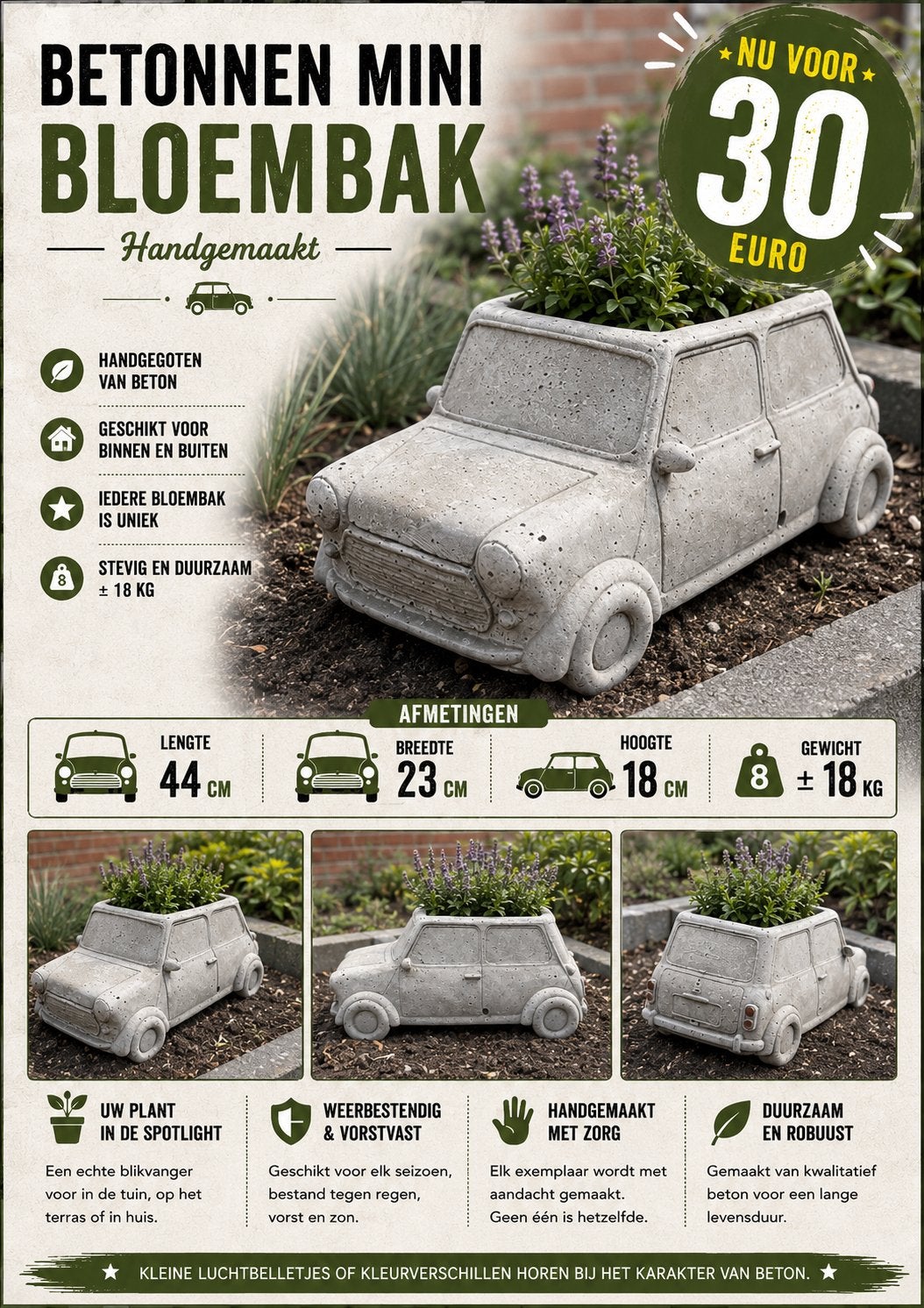 Betonnen Mini Bloembak - Handgemaakt, Tuin en Terras, Bloembakken en Plantenbakken, Ophalen, Minder dan 30 cm, Minder dan 60 cm