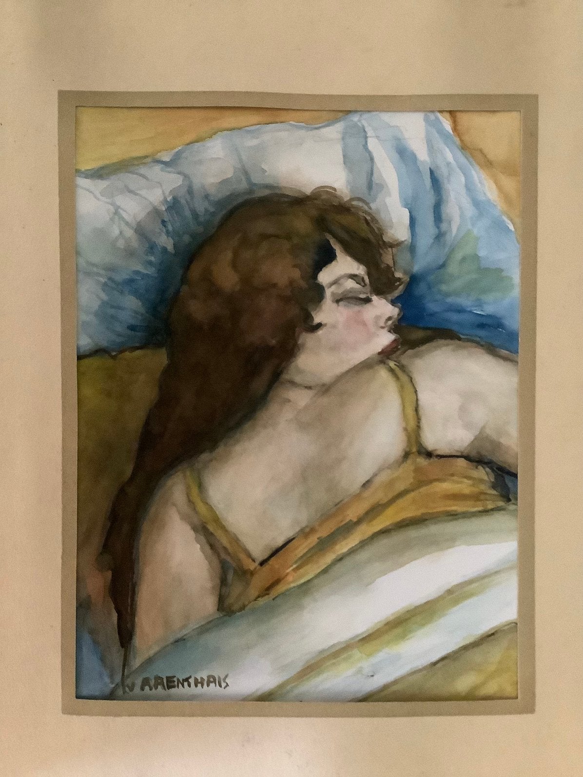 Aquarel slapende vrouw, gesigneerd, 34/28 c.m., Ophalen of Verzenden