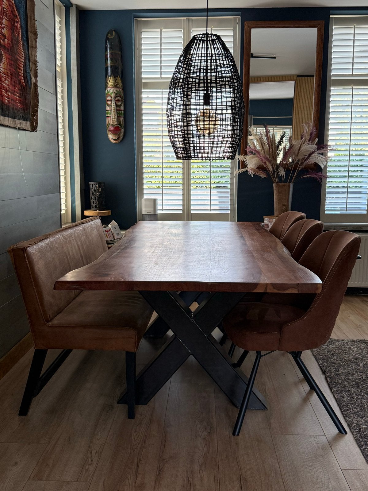 Comp Eethoek: Boomstamtafel + 3 Luxe Stoelen + Gratis Bankje, Ophalen, Gebruikt, Industrieel of Landelijk, 50 tot 100 cm