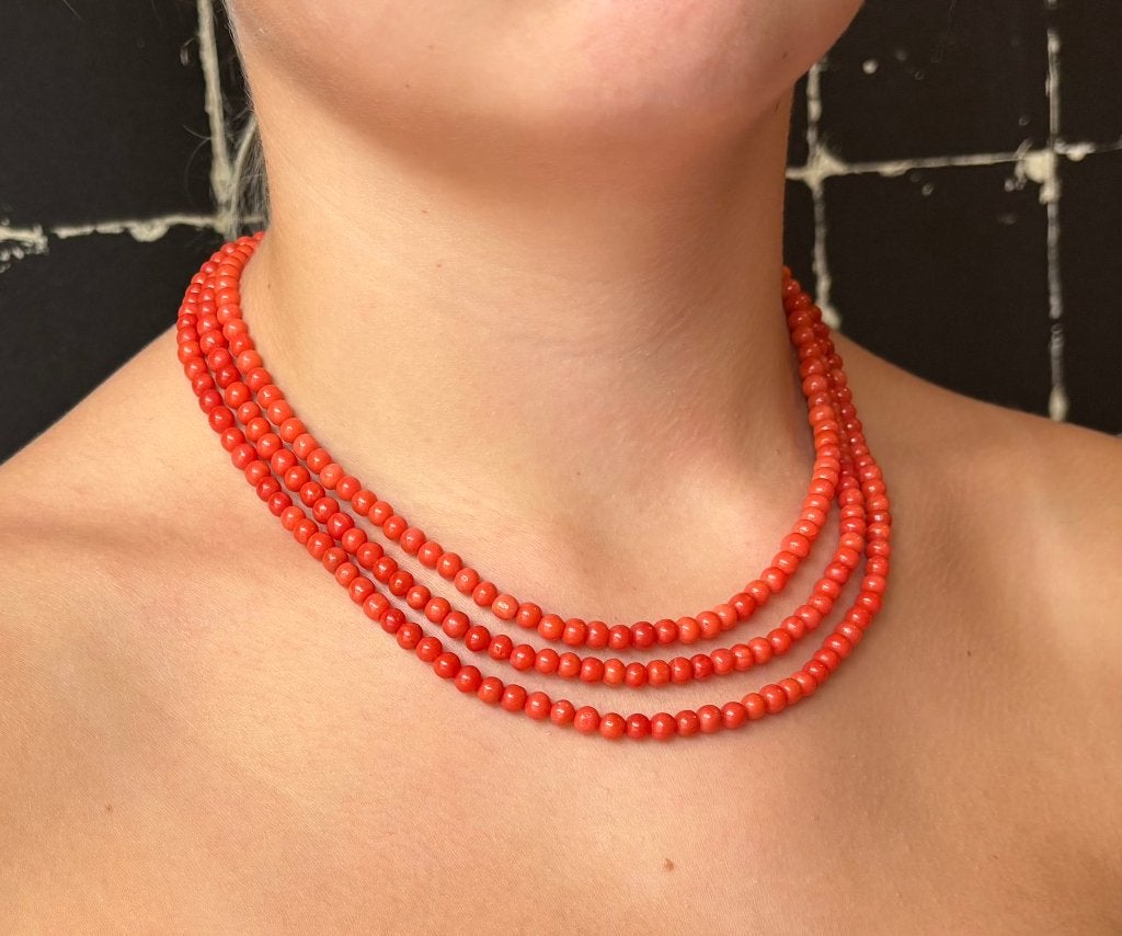 Bloedkoraal antieke ketting fraai 14k slot goud dames retro, Verzenden, Goud, Ketting, Met edelsteen