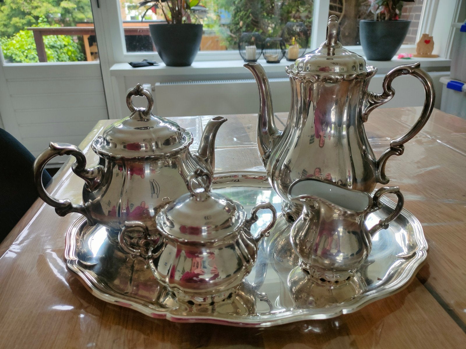 Antiek verzilverd theeservies met dienblad, Antiek en Kunst, Ophalen of Verzenden
