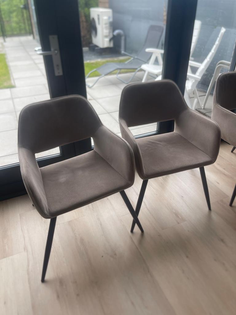 Set van 4 moderne eetkamerstoelen - Grijs/taupe stof, Huis en Inrichting, Stoelen, Ophalen, Twee, Zo goed als nieuw, Stof