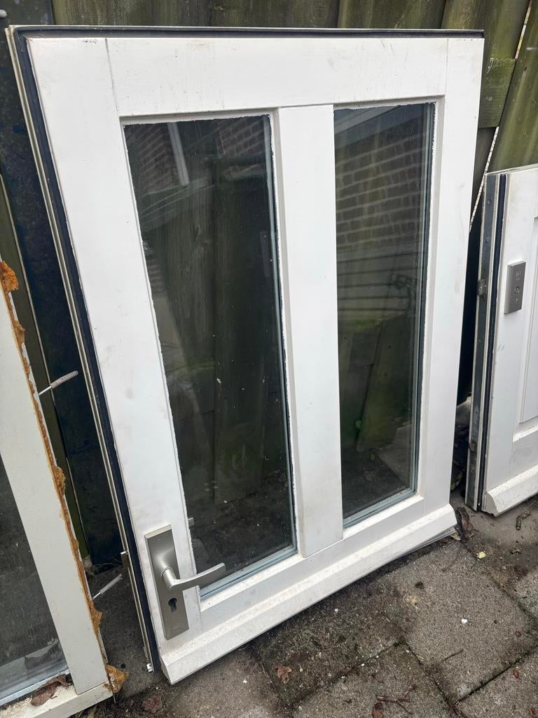 Hardhouten 2-delige  met dubbelglas, Ophalen, Gebruikt, 80 tot 100 cm, Buitendeur