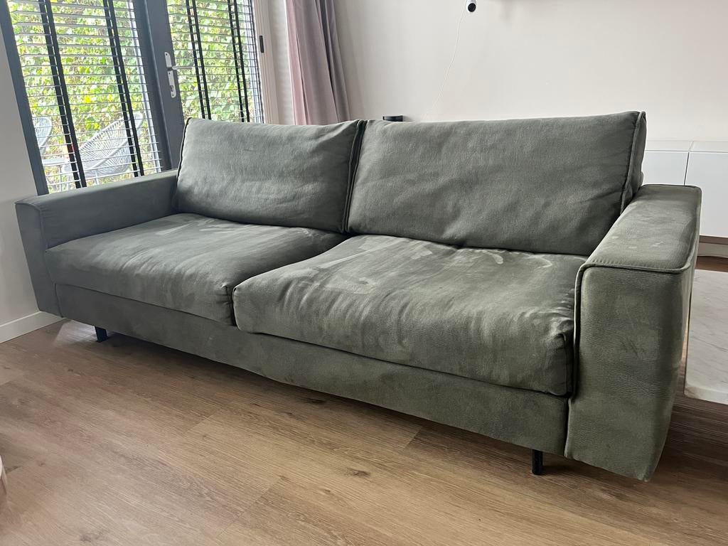 Comfortabele 3-zitsbank in olijfgroen, Ophalen, Gebruikt, Driepersoons, 75 tot 100 cm
