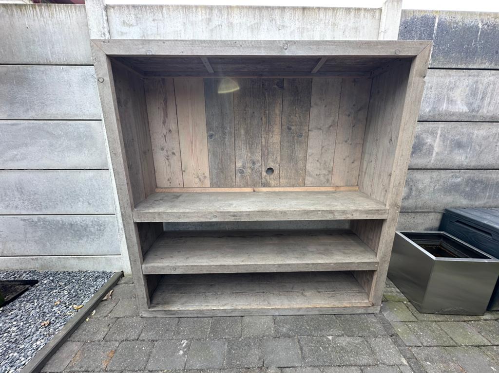 Steigerhouten TV meubel binnen/buiten, Ophalen, Gebruikt, 150 tot 200 cm, 150 tot 200 cm