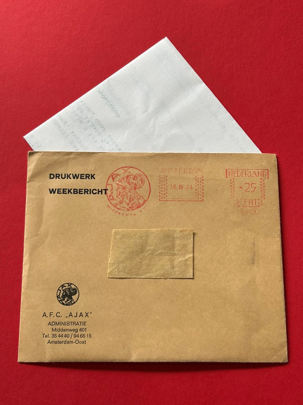 AJAX 1974 originele envelop + programma/teams oa. Wim Kieft!, Verzamelen, Sportartikelen en Voetbal, Verzenden, Gebruikt, Ajax
