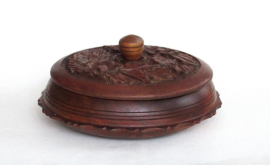 Retro decoratief eiken houten opbergdoosje met snijwerk., Antiek en Kunst, Ophalen of Verzenden