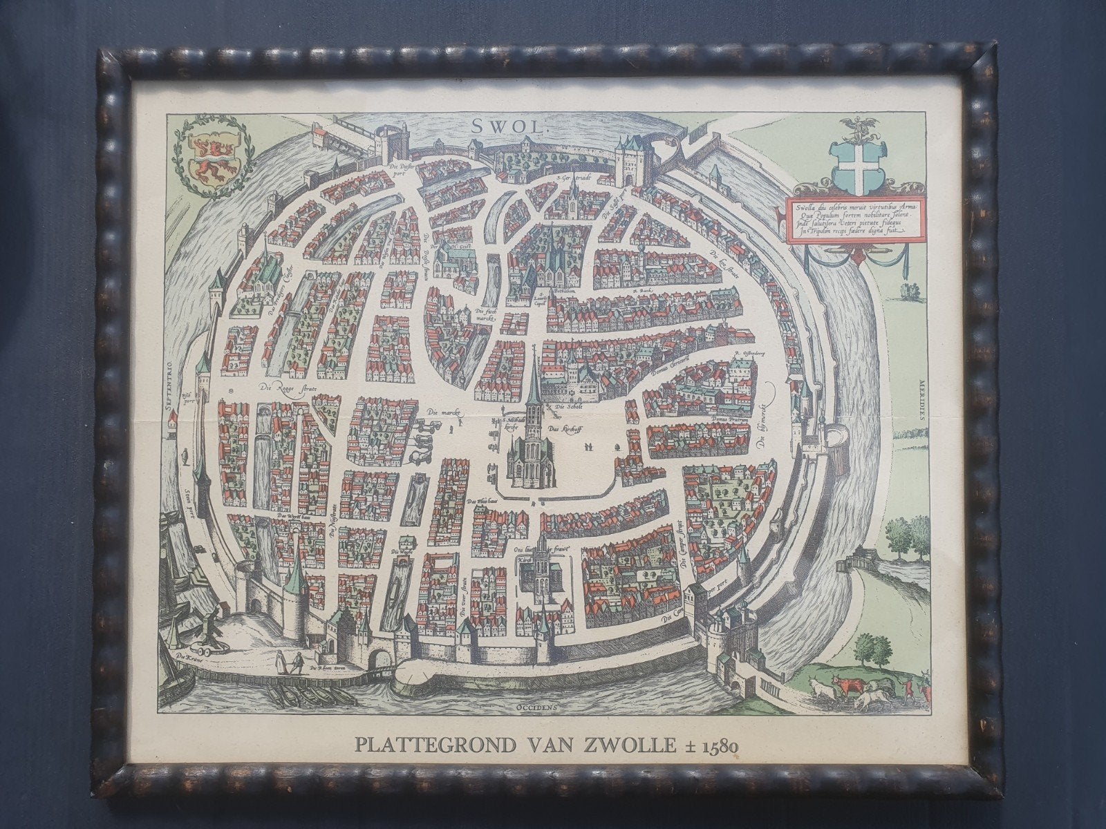 Oude Stadskaart/Plattegrond Zwolle 1580.Antiek  Swolla, Antiek en Kunst, Ingelijst, 40 cm, Cartografie, 49 cm