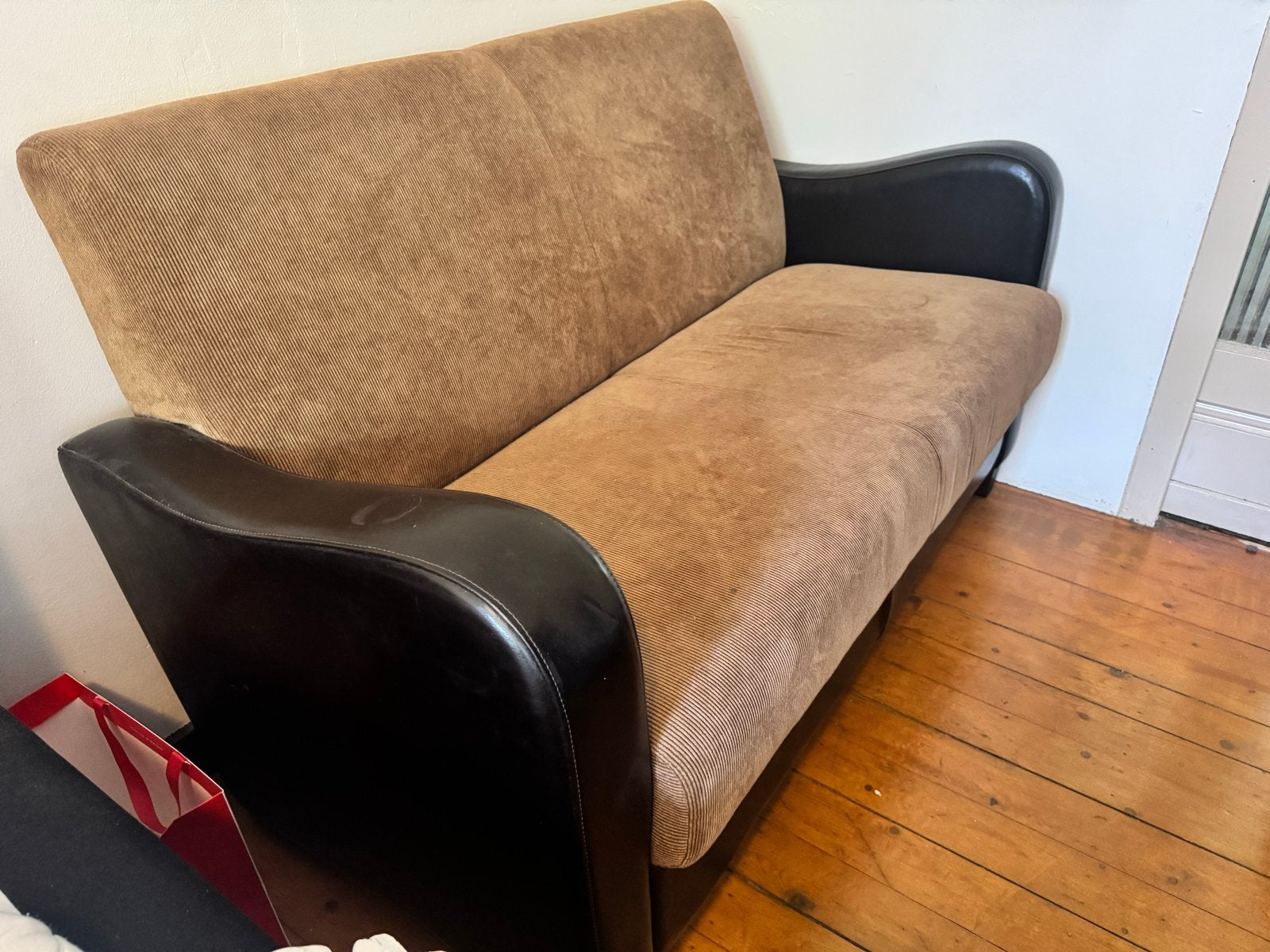 Comfortabele tweepersoonsbank - Bruin ribstof en leerlook, Ophalen, Gebruikt, 150 tot 200 cm, Tweepersoons