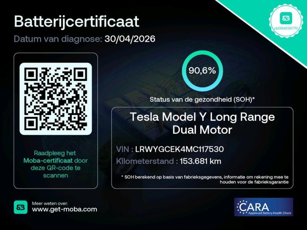 Tesla Model Y Long Range AWD 75 kWh SOH 90% TREKHAAK PANO, Auto's, Tesla, Automaat, Gebruikt, Zwart, 351 pk