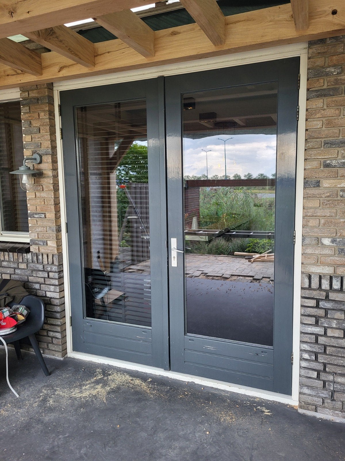 Dubbele deuren hardhout  (excl. kozijn) - Houten, Doe-het-zelf en Verbouw, Ophalen, Gebruikt, Buitendeur, Glas