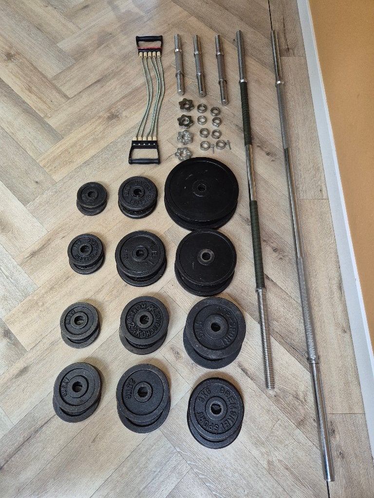 Complete halterset 73,5kg gietijzer + 5 stangen ±100kg, Ophalen, Gebruikt, Armen, Halterset