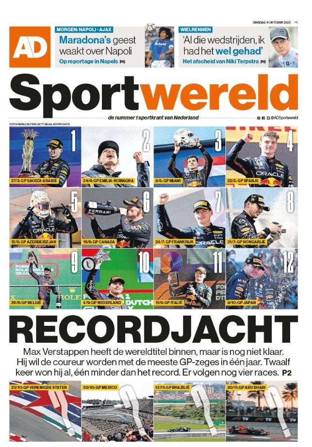 AD Sportwereld Max Verstappen Recordjacht 11 oktober 2022 , Ophalen of Verzenden, Zo goed als nieuw, Formule 1