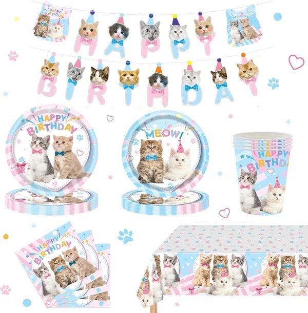 98-delige party set Happy Cats pastel XL