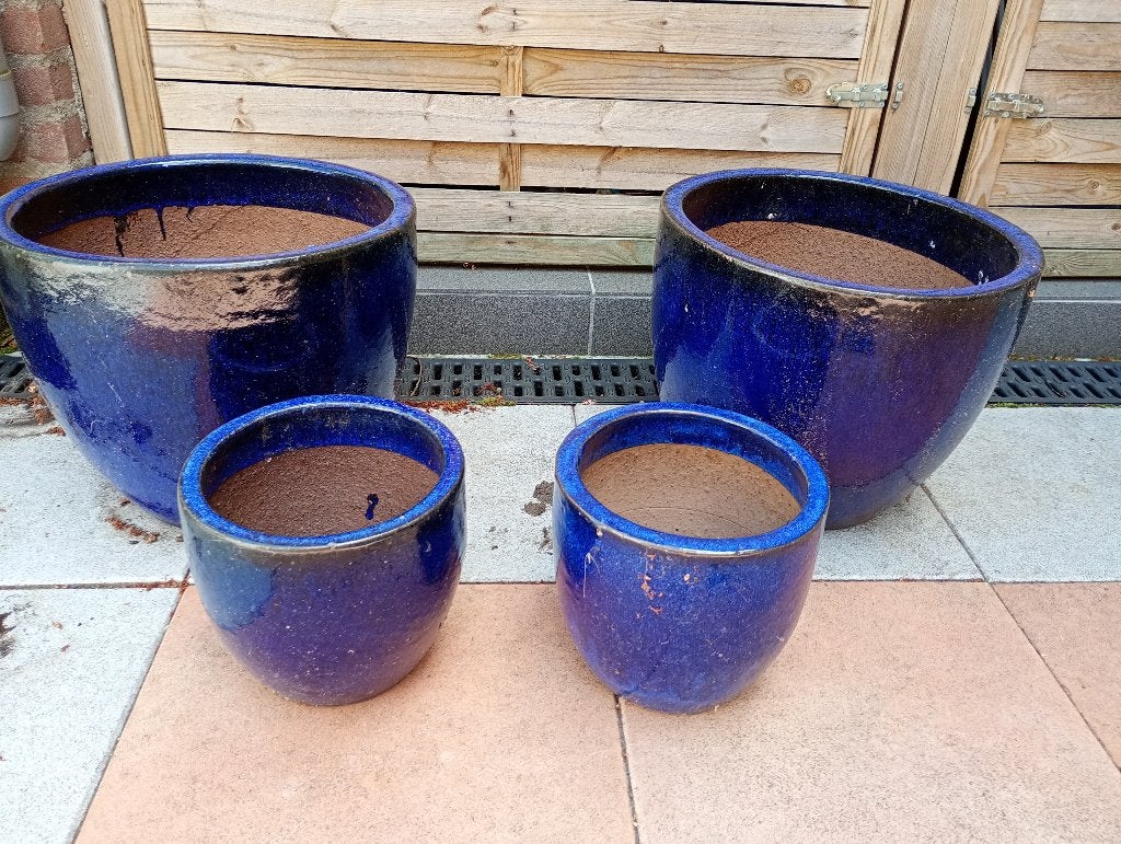 set zware kwaliteit blauwe tuin potten 4 stuks, Rond, Zo goed als nieuw, Minder dan 40 cm, Balkon