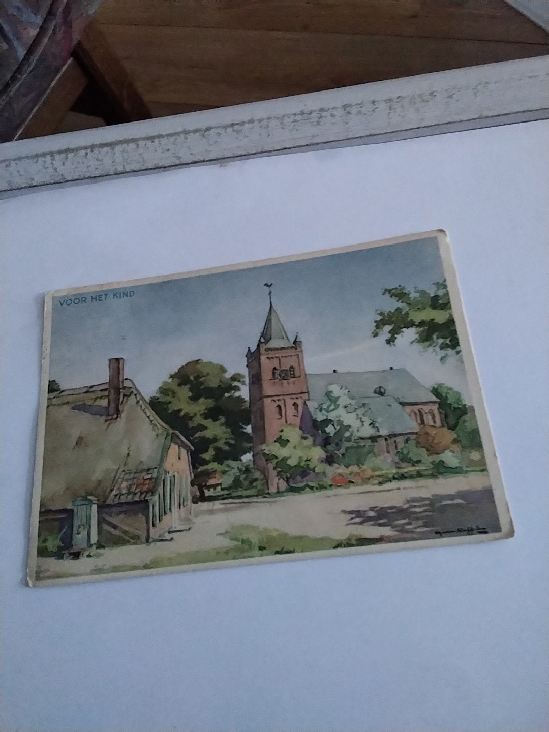 Oude ansichtkaart 'Voor het Kind' met kerk en boerderij 1952, Ophalen of Verzenden