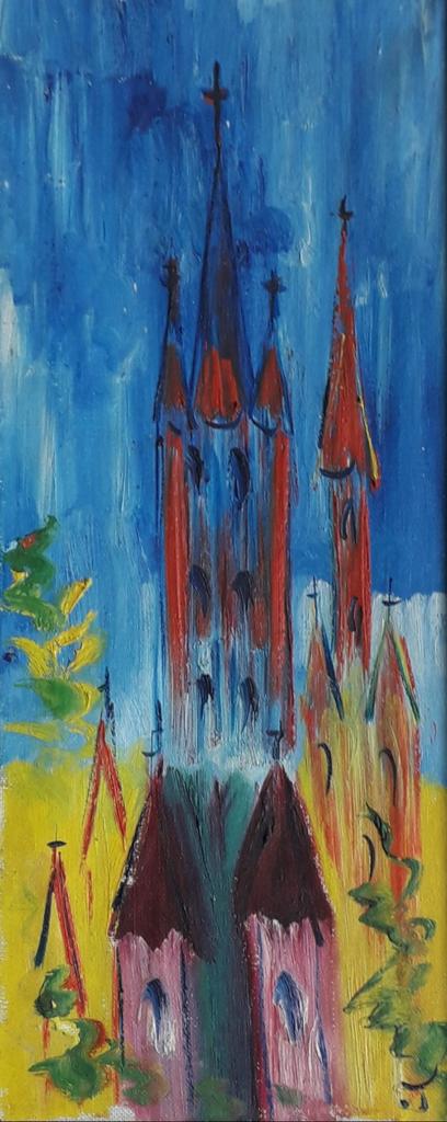 HET KLEURRIJKE KERKJE>OUD 1965>TOON HERMANS (1916 - 2000), Antiek en Kunst, Kunst | Schilderijen | Klassiek, Ophalen of Verzenden