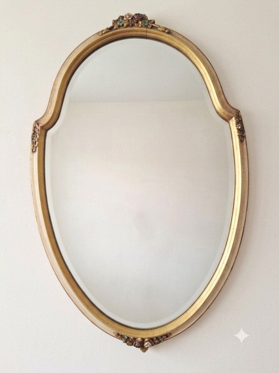 Vintage Ovale Wandspiegel met Gouden Bloemenlijst Facetgesl, Antiek en Kunst, Ophalen of Verzenden, Ovaal, Minder dan 50 cm