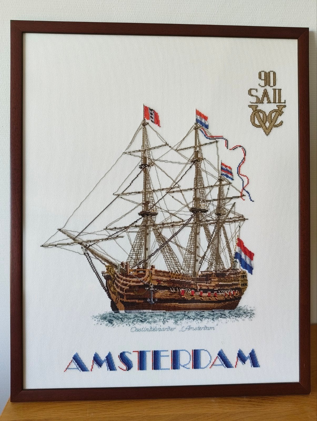 Geborduurd schilderij VOC schip Amsterdam, 54x65 cm, Ophalen, Gebruikt, Handborduren, Overige typen