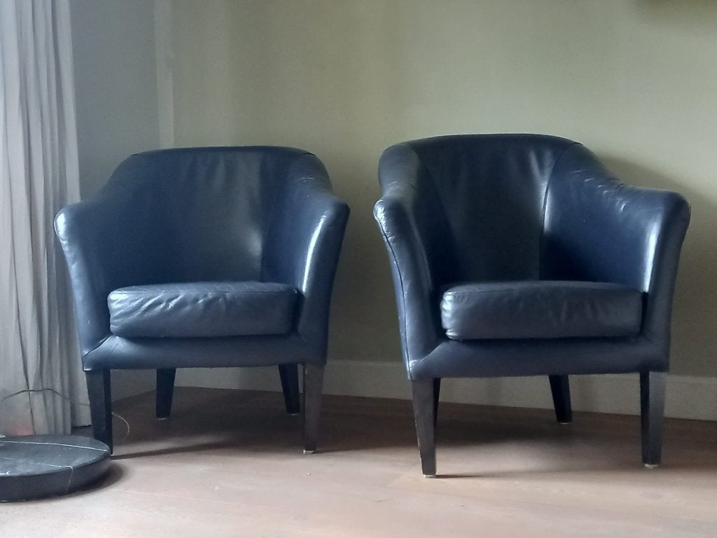 fauteuil blauw leer, Huis en Inrichting, Fauteuils, Ophalen, Gebruikt, Minder dan 75 cm, Leer