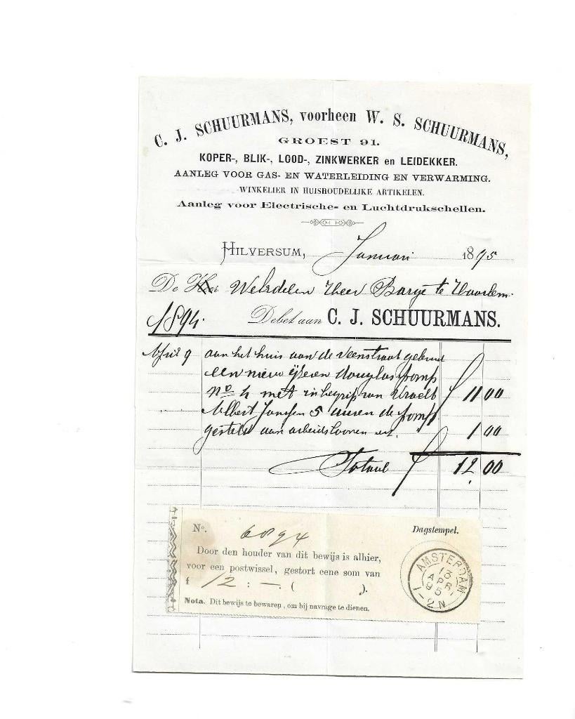 hilversum  1894  groets 91  loodgieter schuurmans  v. barge, Verzenden