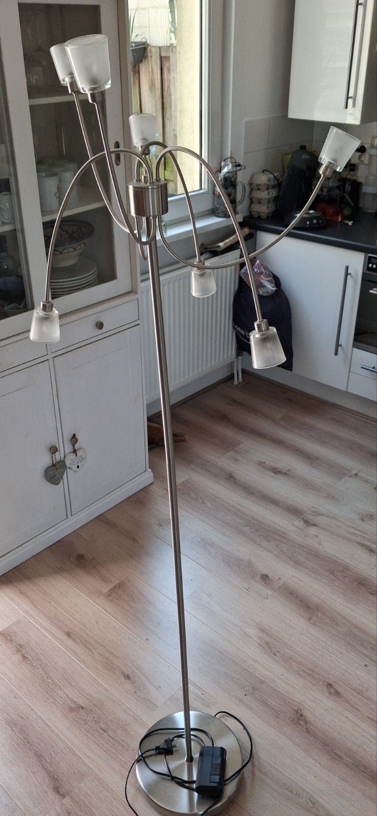 Staande lamp, 7 armig, rvs, Ophalen, Gebruikt, G4, Metaal
