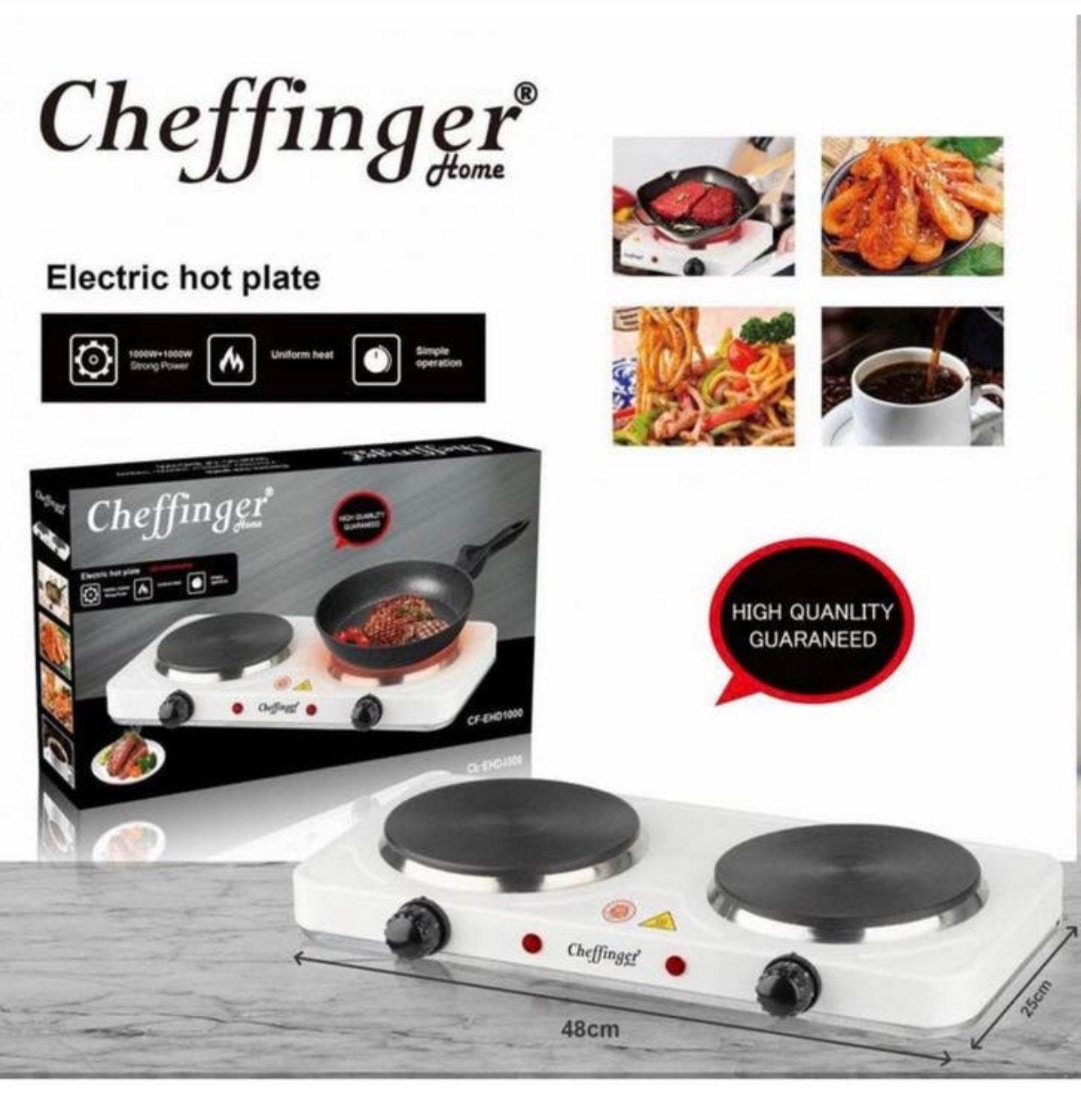 Cheffinger CF-EHD1000 Dubbele Elektrische Kookplaat – 1000W, Nieuw, 3 kookzones of minder, Ophalen of Verzenden, H