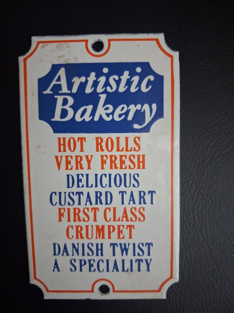 Vintage metalen emaille bordje Artistic Bakery, Verzamelen, Ophalen of Verzenden, Nieuw, Reclamebord