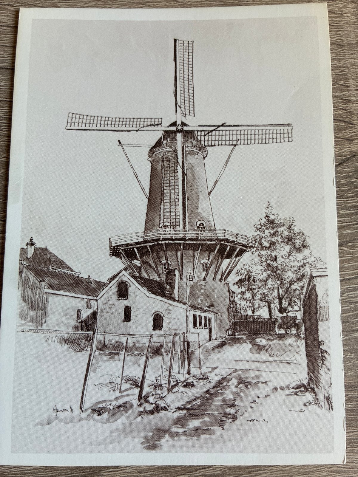 Ansichtkaart Klarendalse molen Arnhem - Tekening Marius Jans, Ophalen of Verzenden, 1960 tot 1980, Ongelopen, Gelderland