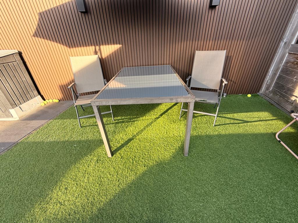 GRATIS | Tuinset glazen tafel + 2 stoelen, Ophalen, 4 zitplaatsen, Gebruikt, Aluminium