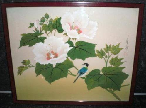 ZIJDE SCHILDERING * HIBISCUS STRUIK met Vogel *, Handgemaakt, Ophalen of Verzenden, China, 30 cm