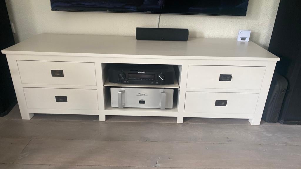 TV kast 4 lades en 2 open schappen , massief wit teak hoit, Ophalen, Zo goed als nieuw, 25 tot 50 cm, Minder dan 100 cm