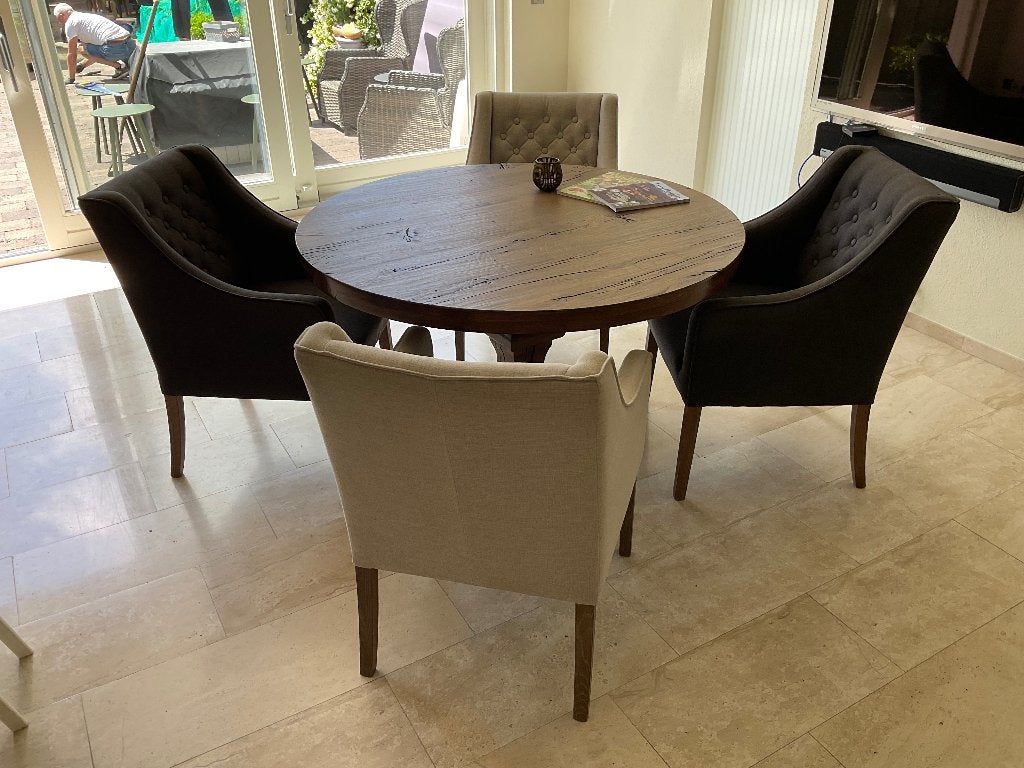 Eetkamertafel en 4 stoelen, Huis en Inrichting, Stoelen, Gebruikt, Vier, Hout, Stof, Bruin, Ophalen