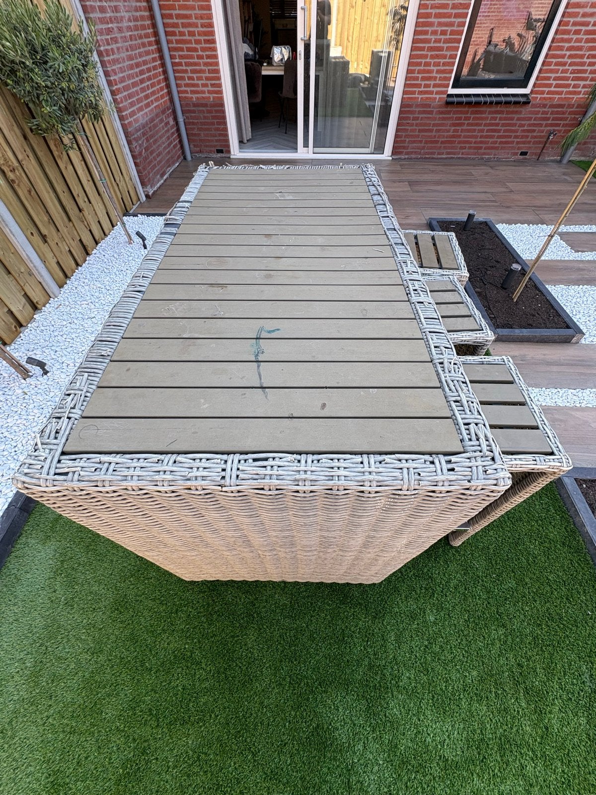 Tuin bartafel met 6 krukken - Wicker en Hout, Ophalen, Gebruikt, Rechthoekig, Wicker