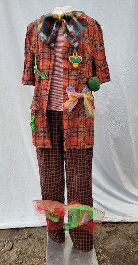 Vrolijk en uniek 3 delig clowns outfit maat M - Carnaval, Maat 38/40 (M), Carnaval, ., Ophalen of Verzenden